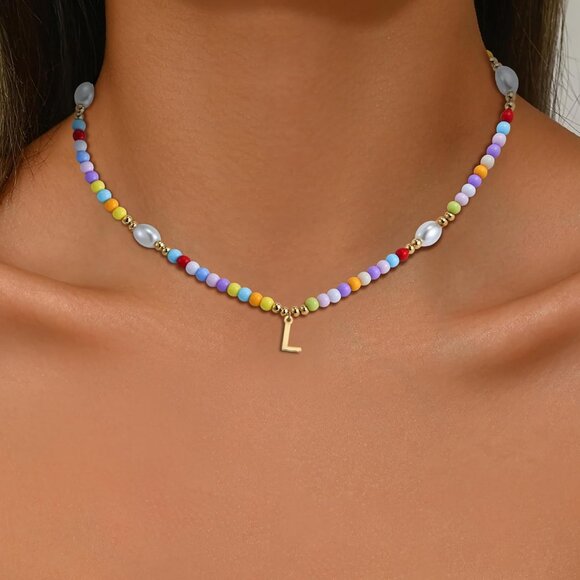 Personalized 14K Gold Plated Initial Necklace with Colorful Beads for Girls - Picture 4 of 7